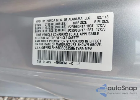 2013 Honda Odyssey Ex-L z USA, uszkodzony, nr VIN 5FNRL5H66DB053586